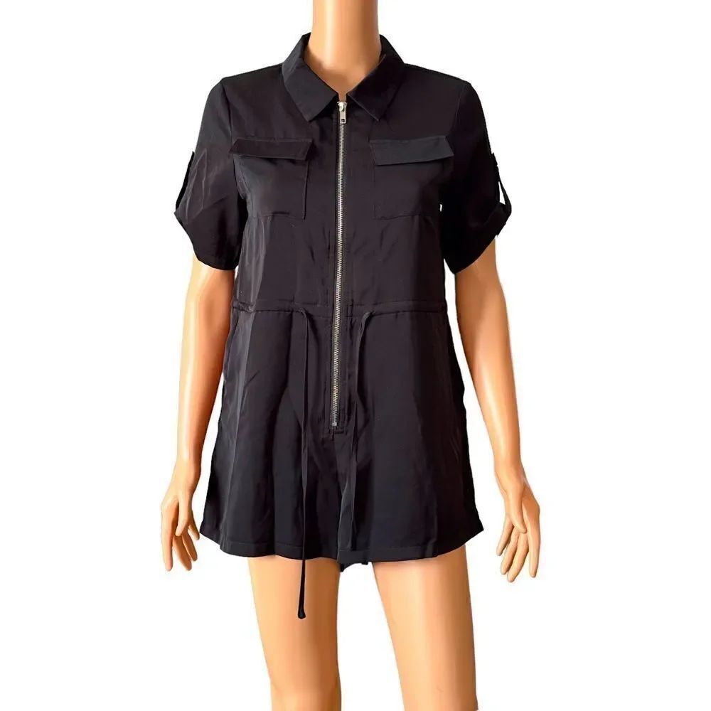 Princess Polly Black Collared Zip Up Romper Size 4